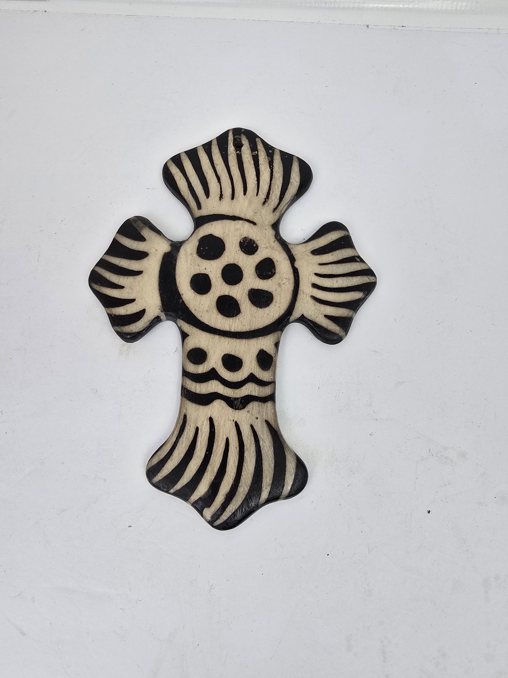 Mexican Talavera Style Ceramic Wall Cross Black White Folk Art Pottery